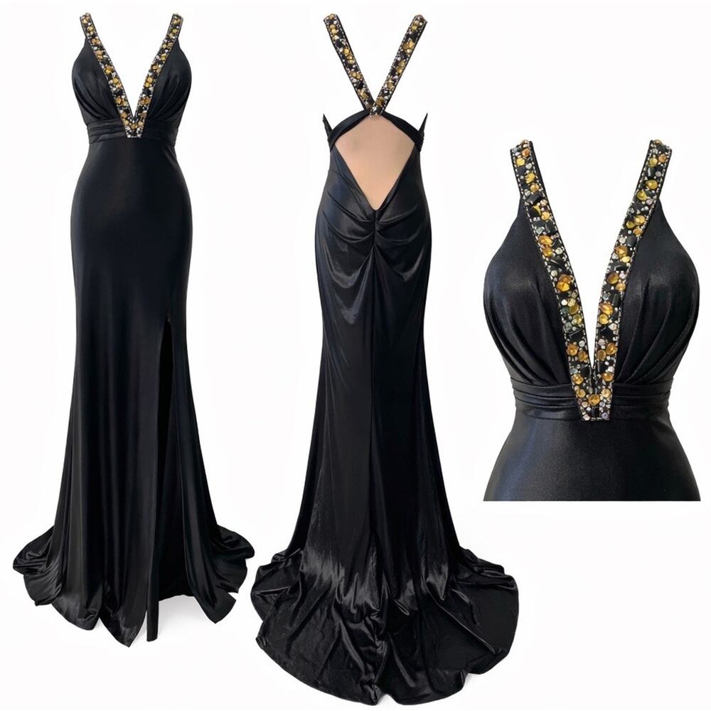 Y2K Prom Dress Maxi Black Rhinestones‎ Sz 8 Halter Ruched Stretch Bodycon Shinny